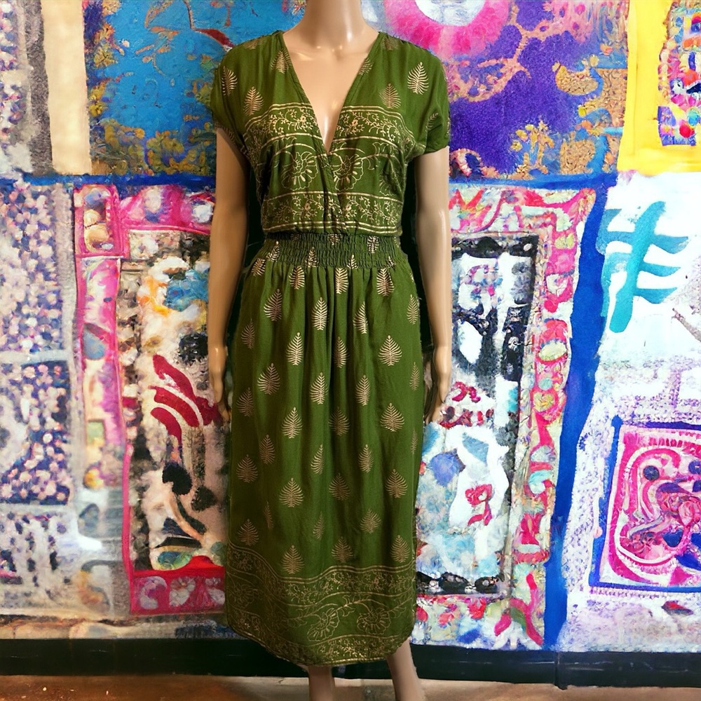Backwoods Metallic Gold Green Indian Made Boho Dress With Pockets